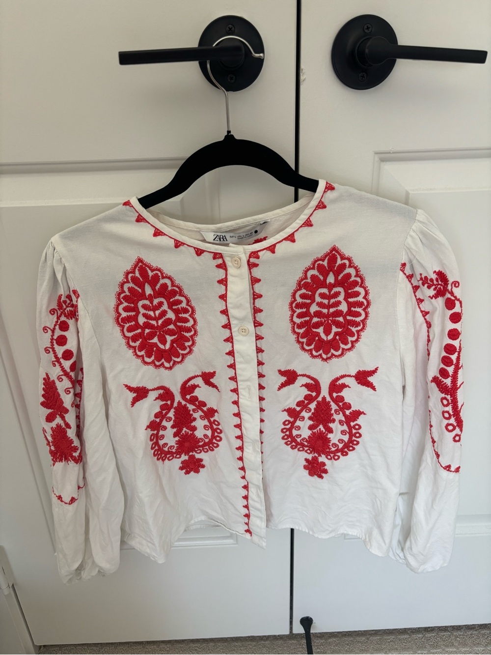 ZARA White Blouse with Red Embroidered Motifs